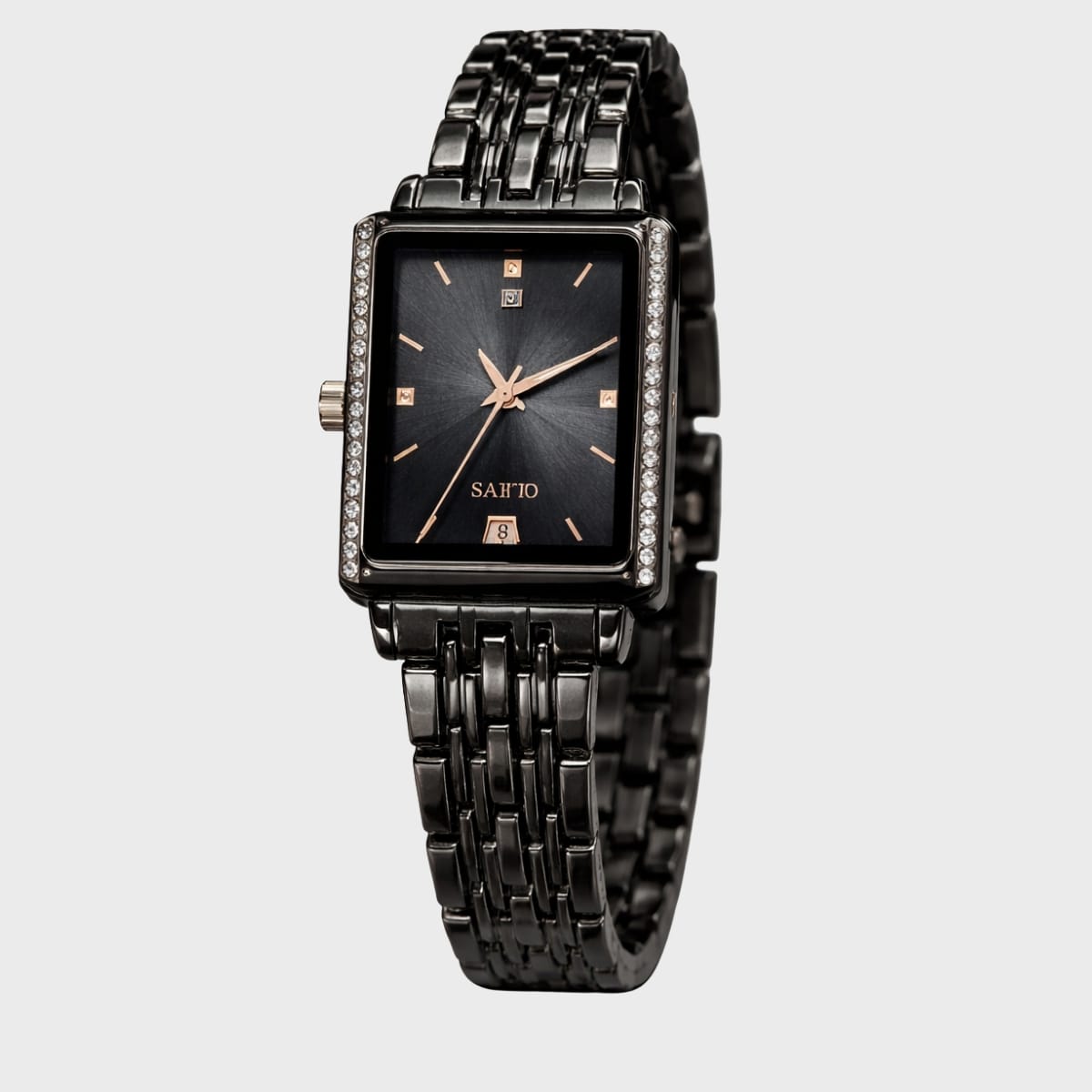 SAHIO Premium Black Ladies Watch – Square Diamond Frame