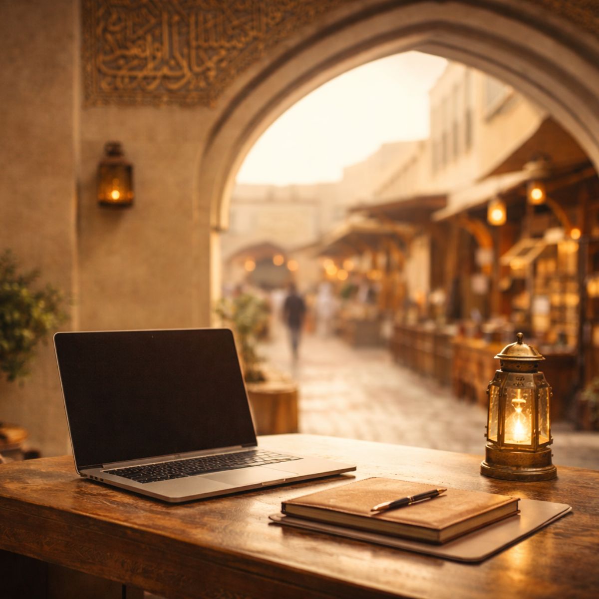 আরব বাজারের পরিবেশে একটি প্রিমিয়াম ওয়ার্কস্পেস: ল্যাপটপ, নোটবুক ও ল্যান্টার্ন—ইসলামি আর্চ ব্যাকগ্রাউন্ড