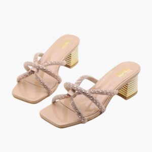Elegant Nude Rhinestone Block Heel Sandal