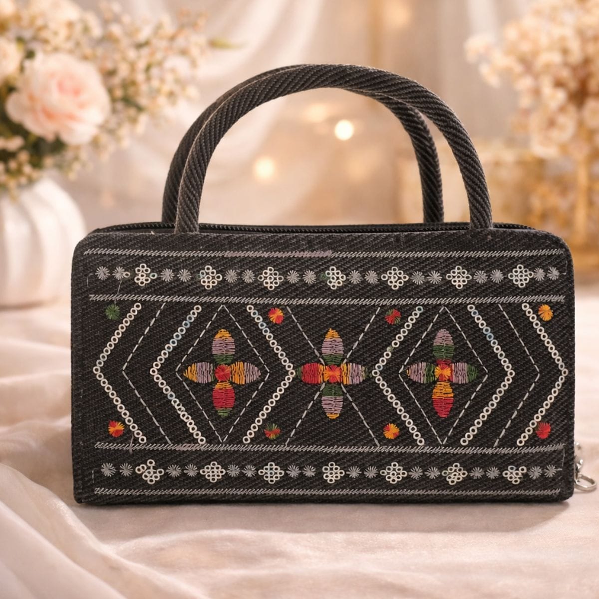Premium Embroidered Ladies Handbag – Ethnic Design Multi-Zip Vanity Bag