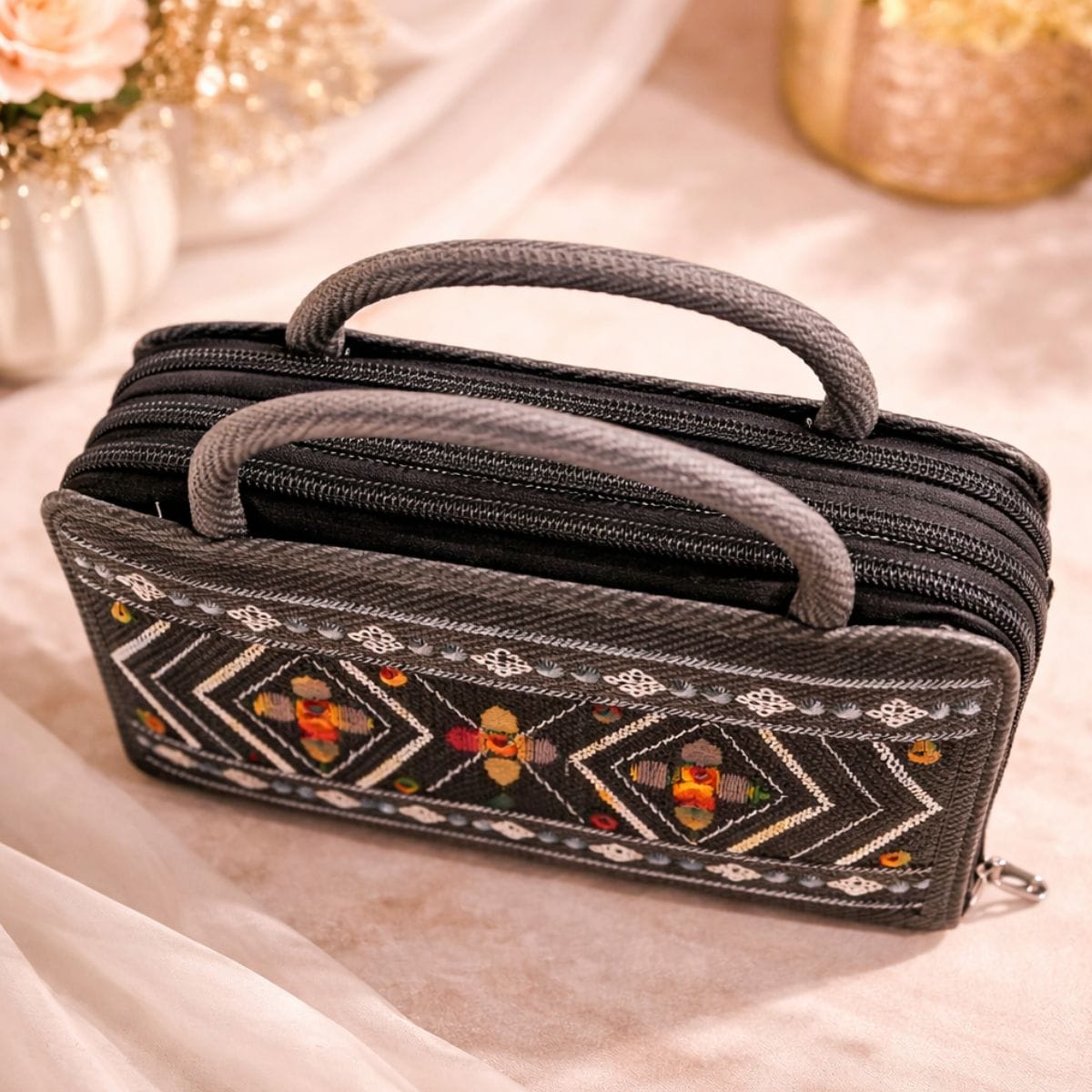 Premium Embroidered Ladies Handbag – Ethnic Design Multi-Zip Vanity Bag - Image 2
