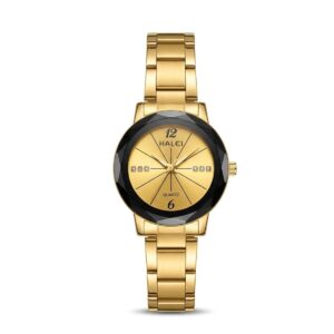 Halei Luxury Diamond-Cut Bezel Golden Watch for Women