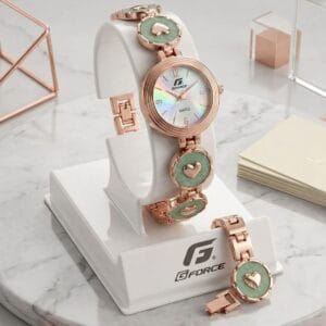 G-FORCE Mars Luxury Heart-Charm Bracelet Watch for Women - Rose Gold & Jade Green Analog Fashion Watch