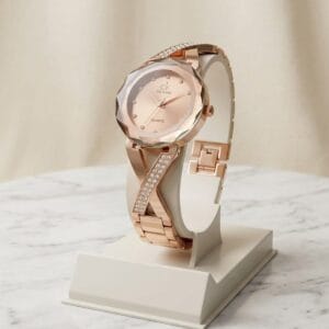 CR KING Luxury Rose Gold Watch for Women - Diamond Studded Bracelet Quartz Analog Watch